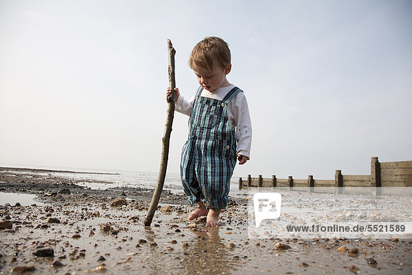 Kleinkind spielt mit Stock am Strand