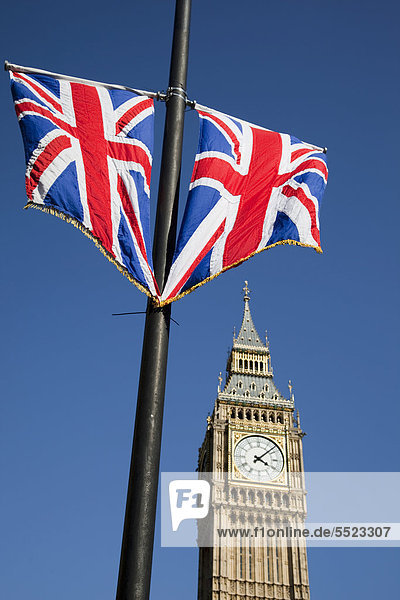 Union Jack flags fly in front of London's Big Ben  London  England  United Kingdom  Europe