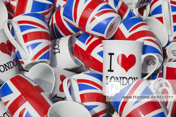 'Mugs with lettering ''I love London'' and the Union Jack flag  London  England  United Kingdom  Europe'