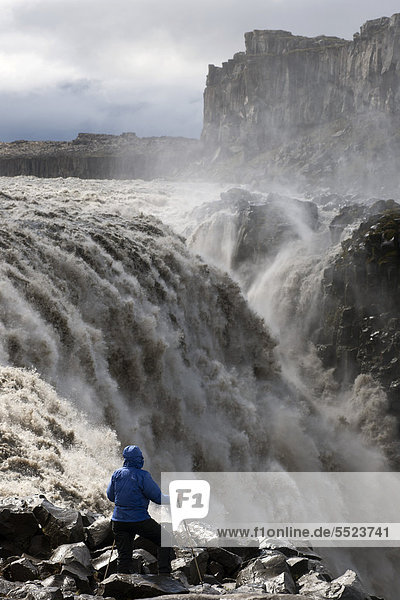 Hiker at Dettifoss Waterfall  Joekuls·rglj_fur  Iceland  Europe
