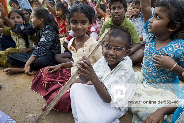 Boy dressed as Mahatma Gandhi during a demonstration against child labor  Karur  Tamil Nadu  South India  Asia