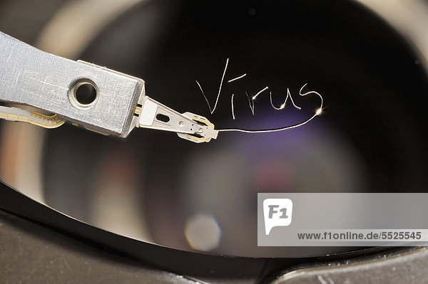 Actuatorarm und Kopf einer Computerfestplatte mit dem eingeritzten Wort Virus