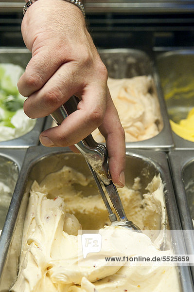 Hand eines Eisverkäufers nimmt eine Kugel Eis  Eisdiele  Rom  Italien  Europa