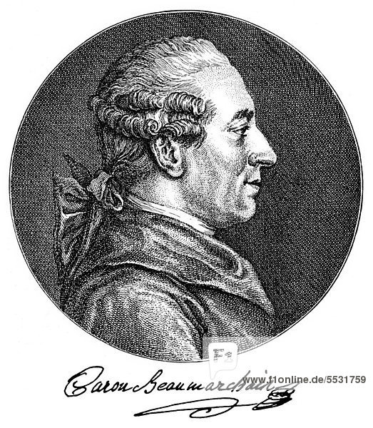 Historical print from the 19th Century  portrait of Pierre-Augustin Caron de Beaumarchais  1732 - 1799  a French entrepreneur and writer