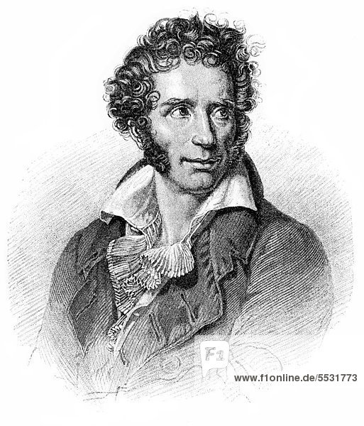 Historischer Druck aus dem 19. Jahrhundert  Portrait von Ugo Foscolo oder NiccolÚ Foscolo  1778 - 1827  ein italienischer Dichter