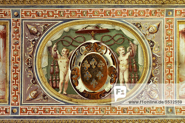 Ceiling fresco  coat of arms of Cardinal Alessandro Farnese  later Pope Paul III.  entrance hall of the palazzo in Fortezza  Villa Farnese  Caprarola  Lazio  Italy  Europe