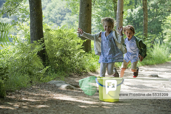 Kinder laufen auf Eimer und Schmetterlingsnetz im Wald zu.