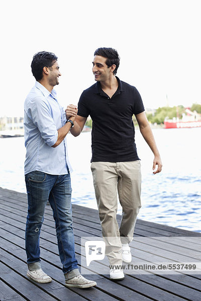 Zwei männliche Freunde halten sich an den Händen  während sie zusammen auf dem Pier gehen.
