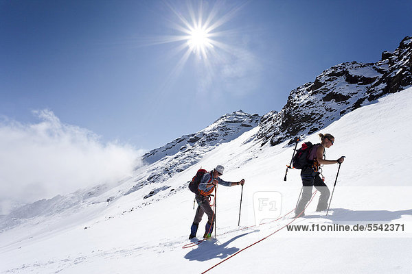 Hikers on Weissbrunnferner Mountain during the ascent to Hinterer Eggenspitz Mountain in the Val d'Ultimo  with the summit of Hinterer Eggenspitz Mountain at the rear  Alto Adige  Italy  Europe