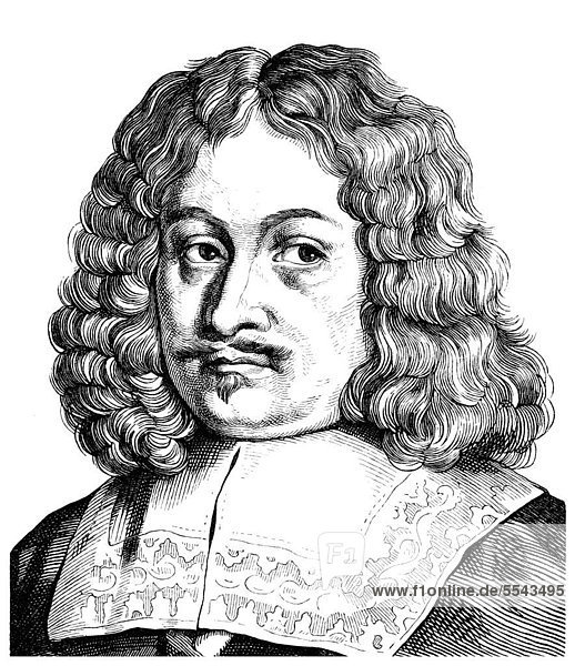 Historical drawing from the 19th century  portrait of Andreas Gryphius or Greif  1616 - 1664  a German poet and dramatist of the Baroque  writer of sonnets  17th century