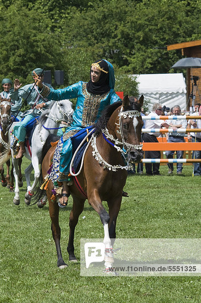 Members of the Royal Cavalry of Oman at the international horse show  Pferd International Munich  demonstrating traditional Omani Riding  Munich  Bavaria  Germany  Europe