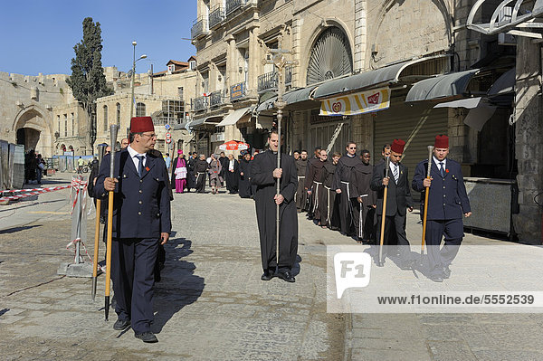 Patriarch of the Latin Patriarchate of Jerusalem being escorted by a guard of honour during the sunday procession from the Latin Patriarchate Church to the Church of the Holy Sepulchre in the Old City of Jerusalem  Israel  Middle East