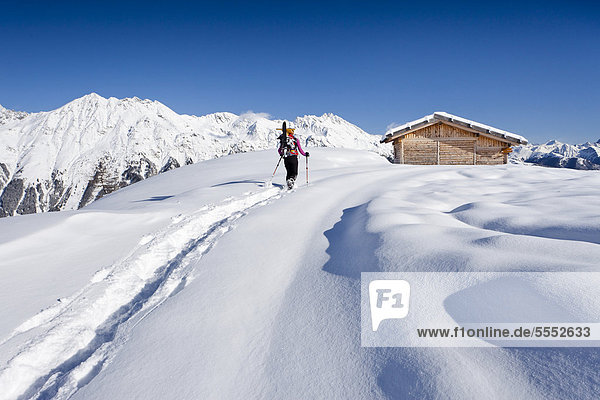 Schneeschuhwanderer beim Aufstieg zur Jagelealm im Ridnauntal oberhalb von Entholz  hinten der Rosskopf und die Telfer Weißen  Südtirol  Italien  Europa