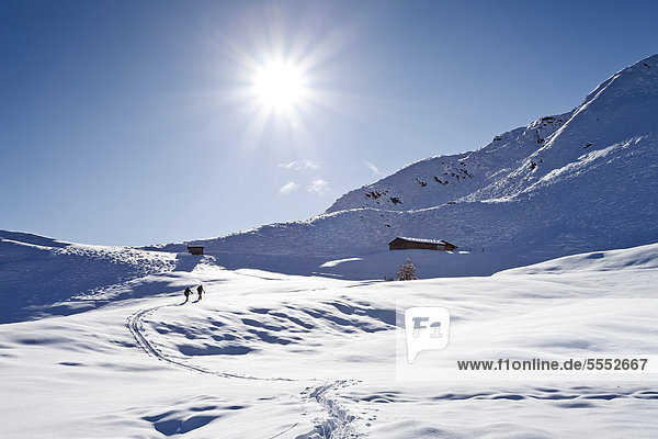 Cross-country skiers on Jagelealm alpine pasture in Ridnaun Valley above Entholz  Alto Adige  Italy  Europe