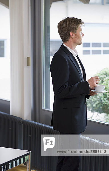 Businessman standing at window in office