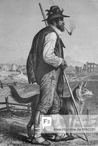 Shepherd from Campagna  Italy  historic wood engraving  ca. 1880