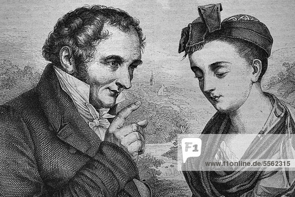 Johann Peter Hebel  1760 - 1826  poet  and Breneli  actually Veronica Rohre  1779 - 1869  probably his mistress  historical woodcut  circa 1870