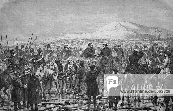 Osman Pasha's meeting with the Grand Duke after the surrender of Plevna  Bulgaria  historical woodcut  circa 1870