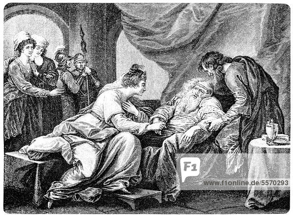 Historical illustration from the 19th century  King Lear and his daughter Cordelia  after the tragedy by William Shakespeare