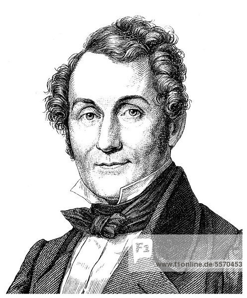 Historische Zeichnung aus dem 19. Jahrhundert  Portrait von Gustav Albert Lortzing  1801 - 1851  ein deutscher Komponist  Librettist  Schauspieler  Sänger und Dirigent