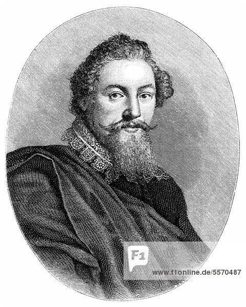 Historische Zeichnung aus dem 19. Jahrhundert  Portrait von Francis Beaumont  1584 - 1616  ein englischer Dramatiker