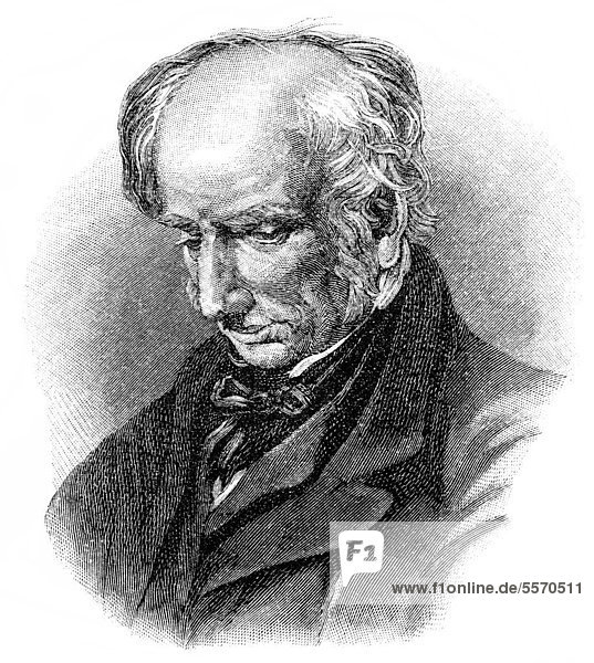 Historische Zeichnung aus dem 19. Jahrhundert  Portrait von William Wordsworth  1770 - 1850  ein britischer Dichter der englischen Romantik