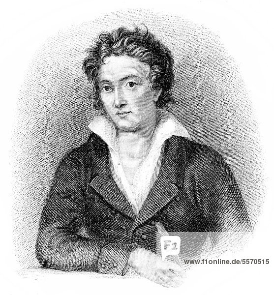 Historische Zeichnung aus dem 19. Jahrhundert  Portrait von Percy Bysshe Shelley  1792 - 1822  ein britischer Schriftsteller der Romantik