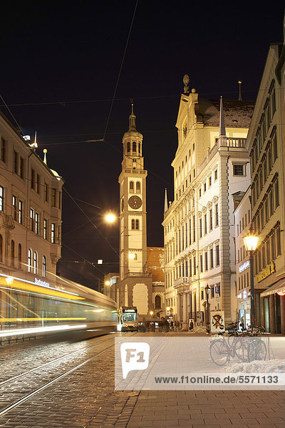 Perlachturm tower with the town hall and a tram at night  Augsburg  Swabia  Bavaria  Germany  Europe