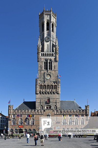 Belfort belfry or bell tower  Grote Markt market square  historic town centre of Bruges  UNESCO World Heritage Site  West Flanders  Flemish Region  Belgium  Europe