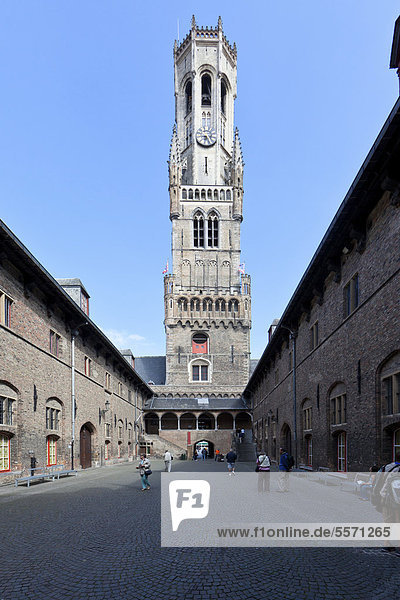 Belfry or bell tower of Belfort  Grote Markt market square  historic city centre of Bruges  UNESCO World Heritage Site  West Flanders  Flemish Region  Belgium  Europe