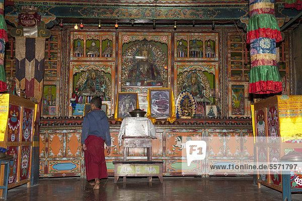 Tibetan Buddhism  novice standing in front of the altar  Yung Drung Kundrak Lingbon Monastery  Bon Sect  near Ravangla  Sikkim  Himalayas  India  South Asia  Asia
