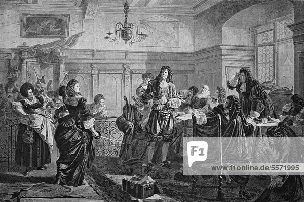 Frau Kuenkelin in front of the Schondorf council  Anna Barbara Walch-Kuenkelin  1651-1741  spouse to the mayor of Schondorf who led  according to tradition  the uprising of the Schondorf women  that saved the town from the handover to the French in 1688  historical engraving  1869