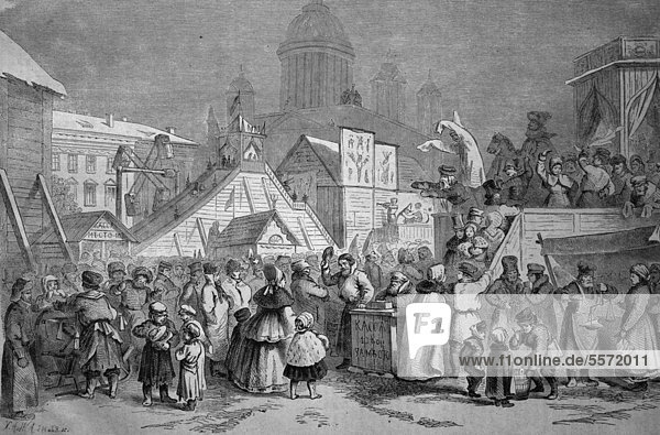 Die Butterwoche in St. Petersburg  Russland  historischer Stich  circa. 1870