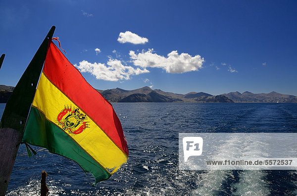 Bolivian flag on a boat  Copacabana  Lake Titcaca  Bolivia  South America