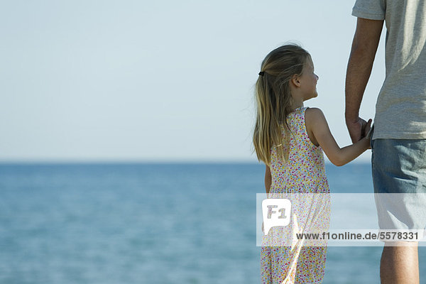 Girl holding her father's hand at the beach  cropped