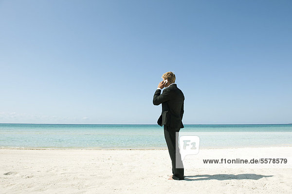 Businessman talking on cell phone while standing on beach  rear view