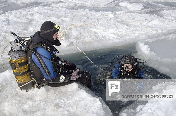 Taucher bereiten sich auf das Eistauchen im zugefrorenen Schwarzen Meer vor  ein seltenes Phänomen  das zuletzt 1977 auftrat  Odessa  Ukraine  Osteuropa  Europa