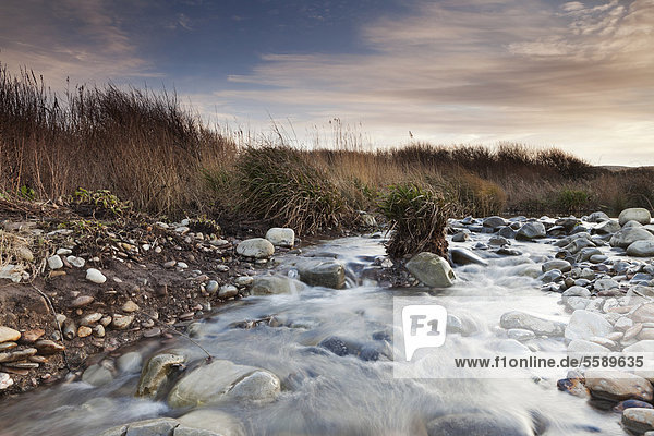 Kilve Pill on a late January evening looking south upstream of the River Holford following a period of heavy rain Somerset England United Kingdom Europe