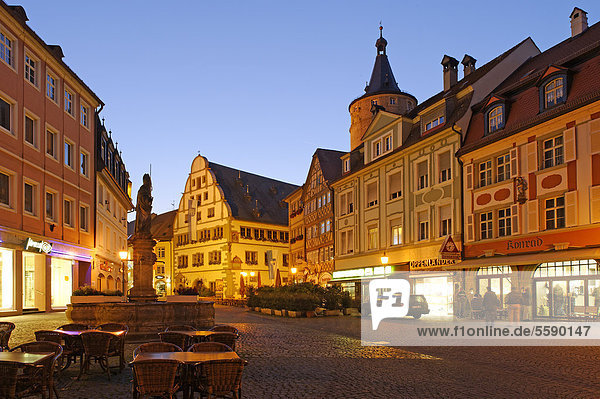 Marktplatz square and the town hall at dusk  Kitzingen  Lower Franconia  Franconia  Bavaria  Germany  Europe