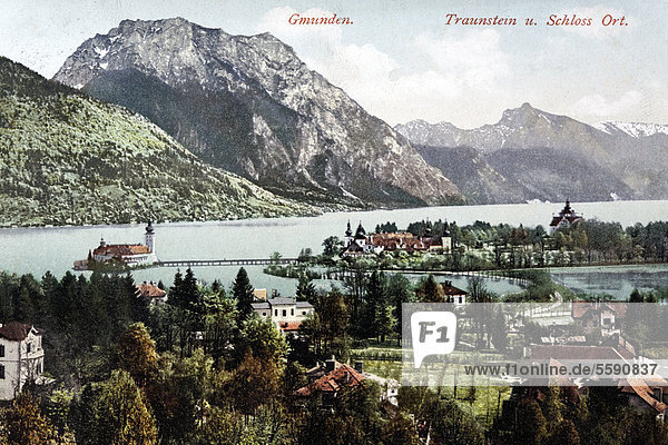 Traunsee Lake with Schloss Orth Castle,  Upper Austria,  Austria,  historical postcard,  circa 1900