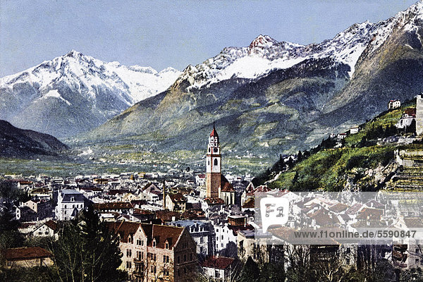 Spa town of Meran  Merano with mountain panorama  South Tyrol  Italy  historical postcard  circa 1900