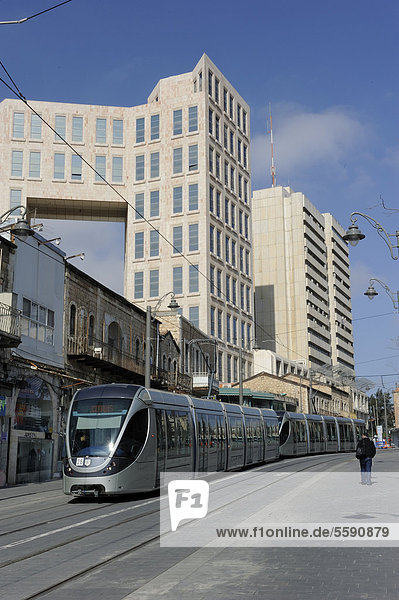 Street scene on the Jaffa Road with a tram of the new tram line  light rail  Jerusalem  Israel  Middle East  Southwest Asia  Asia