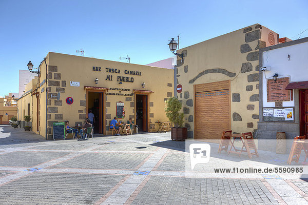 Street with small restaurants in the historic centre of Agueimes  Gran Canaria  Canary Islands  Spain  Europe