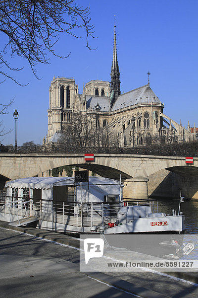 Seine mit Notre Dame und Boot  Paris  Frankreich  Europa