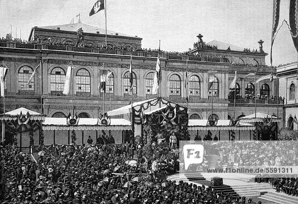 Die Grundsteinlegung des neuen Rathauses zu Hamburg am 6.5.1886  historischer Holzstich  1886