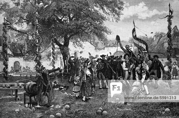 Der Sieger im Schweinauskegeln  Brauchtum  Volksfest  historischer Holzstich  1886