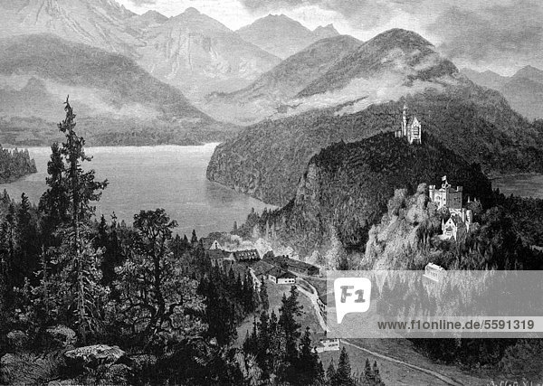 'Hohenschwangau und Neuschwanstein von der ''Jugend'' aus gesehen  Bayern  Deutschland  historischer Holzstich  1886'