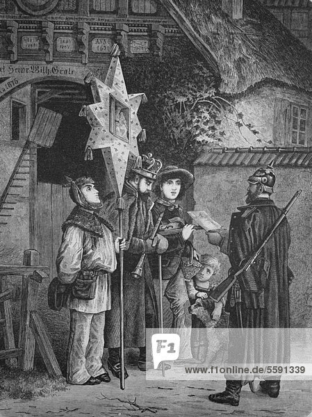 Gendarm kontrolliert die heiligen drei Könige  historischer Holzstich  1886