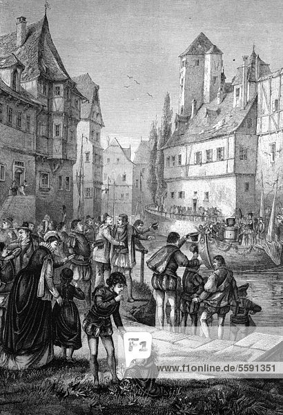 Arrival of Breitopfes from Zurich in Strasbourg on 20th June 1576  historical wood engraving  1886