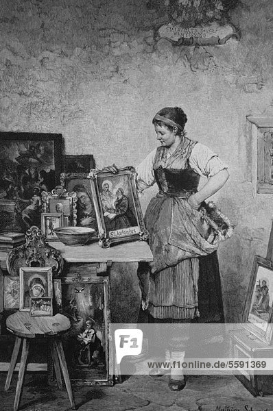 Schutzpatrone  Frau mit Bildern von Heiligen  historischer Stich  1880